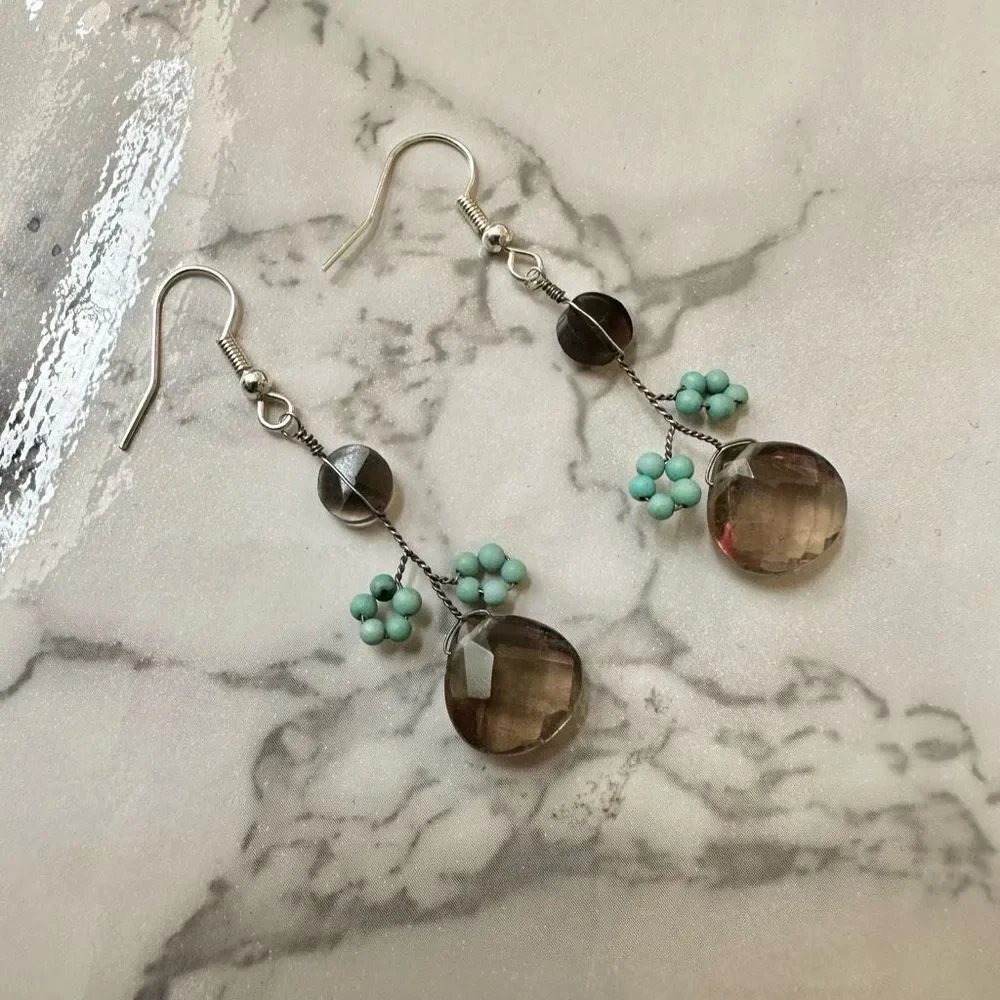 Smoky Quartz and turquoise dainty earrings